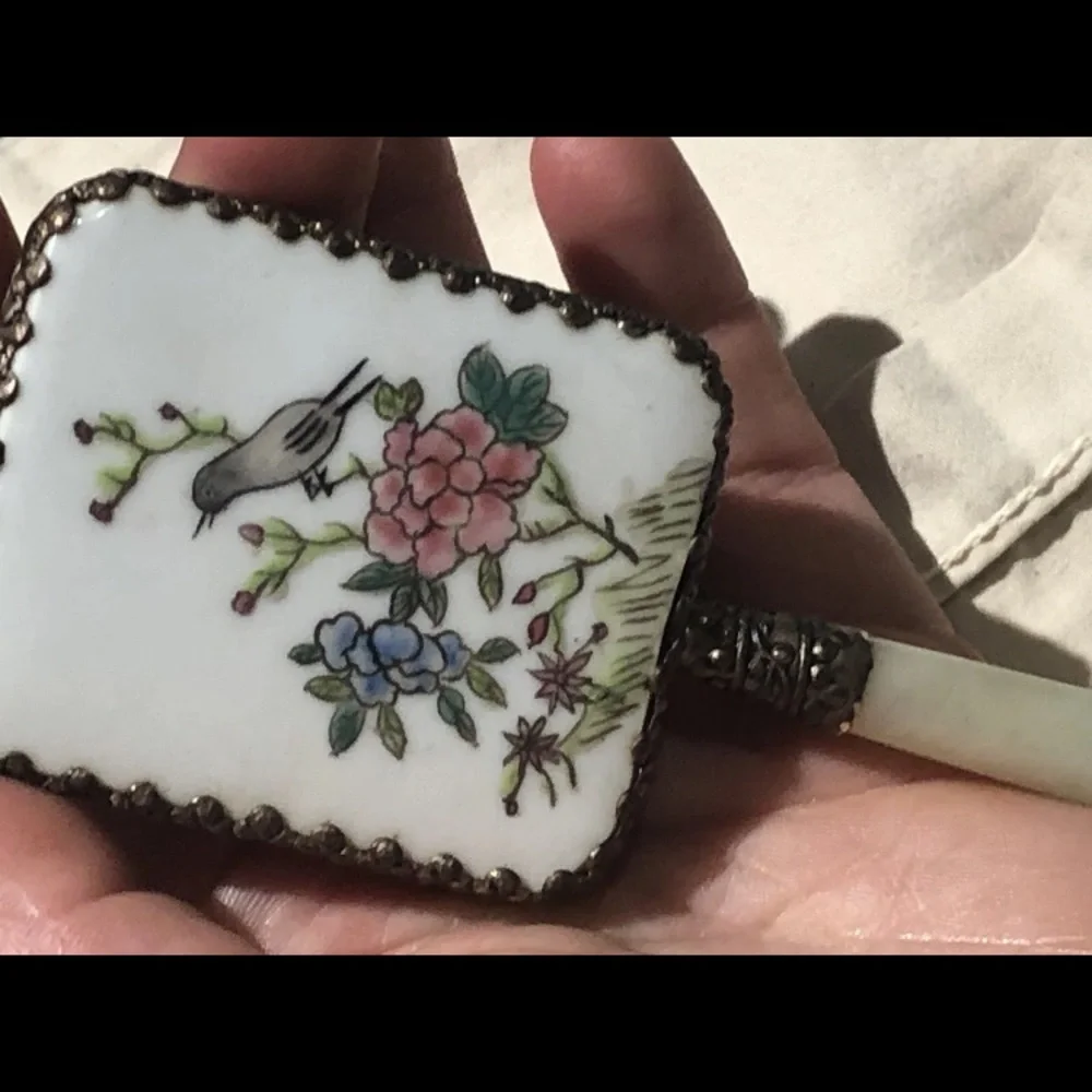 White Floral Porcelain Hand Mirror with Decorative Handle